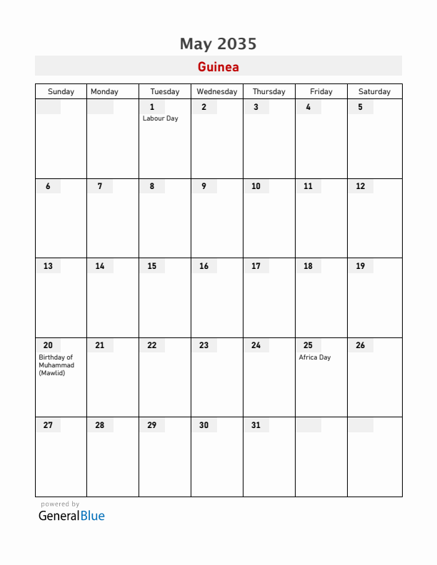 Guinea May 2035 Calendar with Holidays