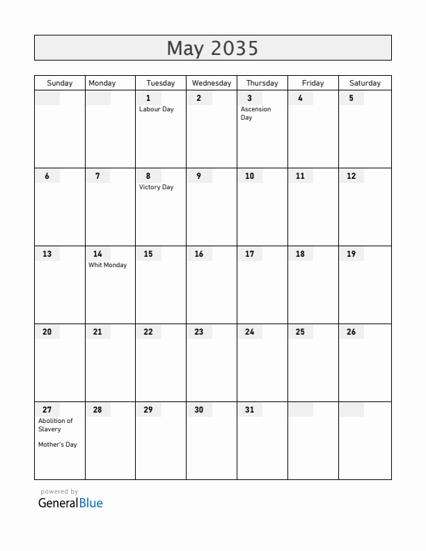 Guadeloupe May 2035 Calendar with Holidays
