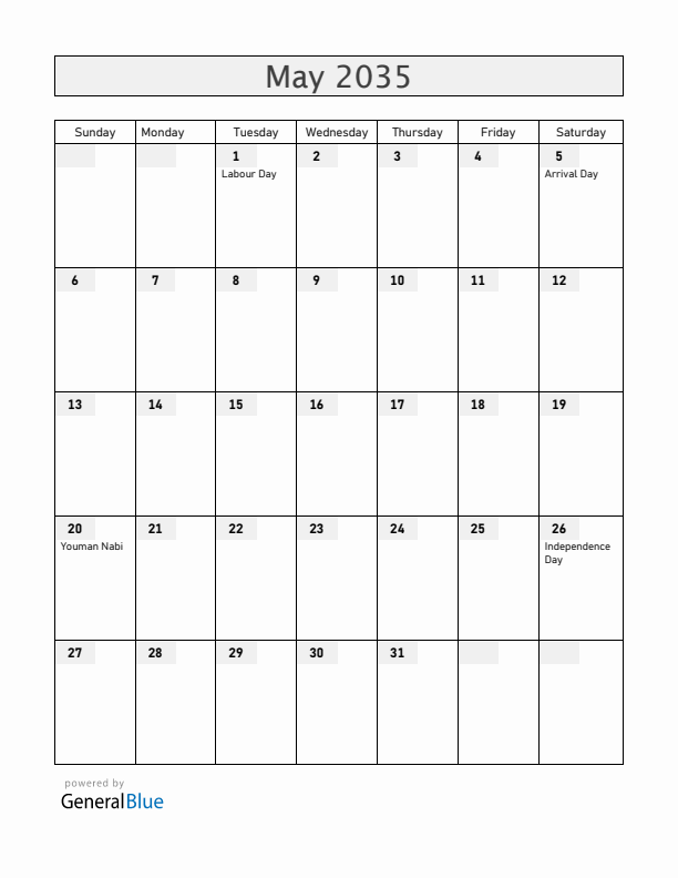 Guyana May 2035 Calendar with Holidays