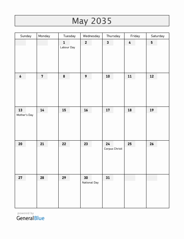 Croatia May 2035 Calendar with Holidays