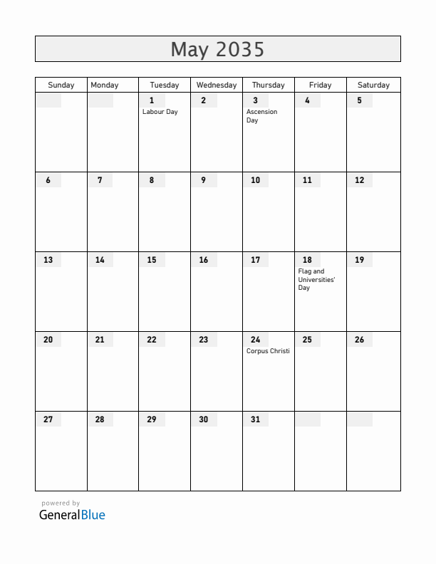 Haiti May 2035 Calendar with Holidays