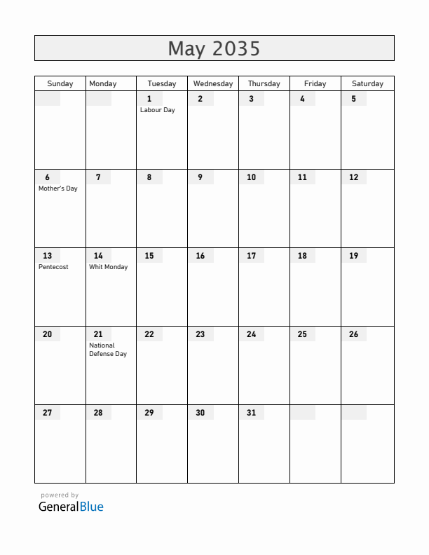 Hungary May 2035 Calendar with Holidays