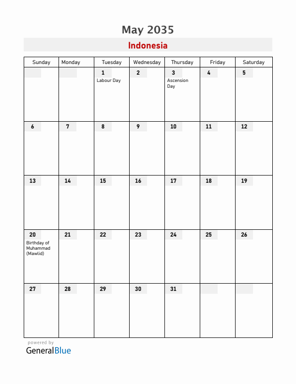 Indonesia May 2035 Calendar with Holidays