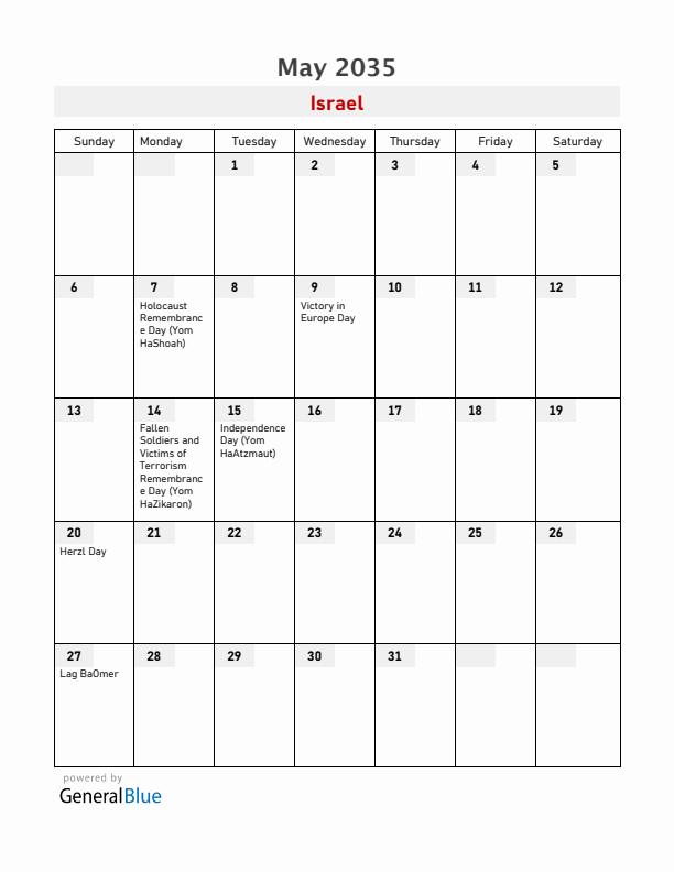 Israel May 2035 Calendar with Holidays