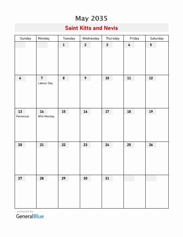 Saint Kitts and Nevis May 2035 Calendar with Holidays
