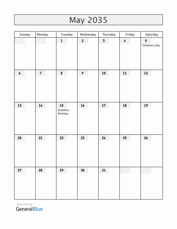 South Korea May 2035 Calendar with Holidays