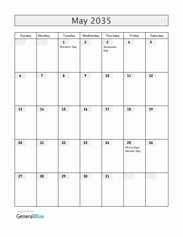 Lesotho May 2035 Calendar with Holidays