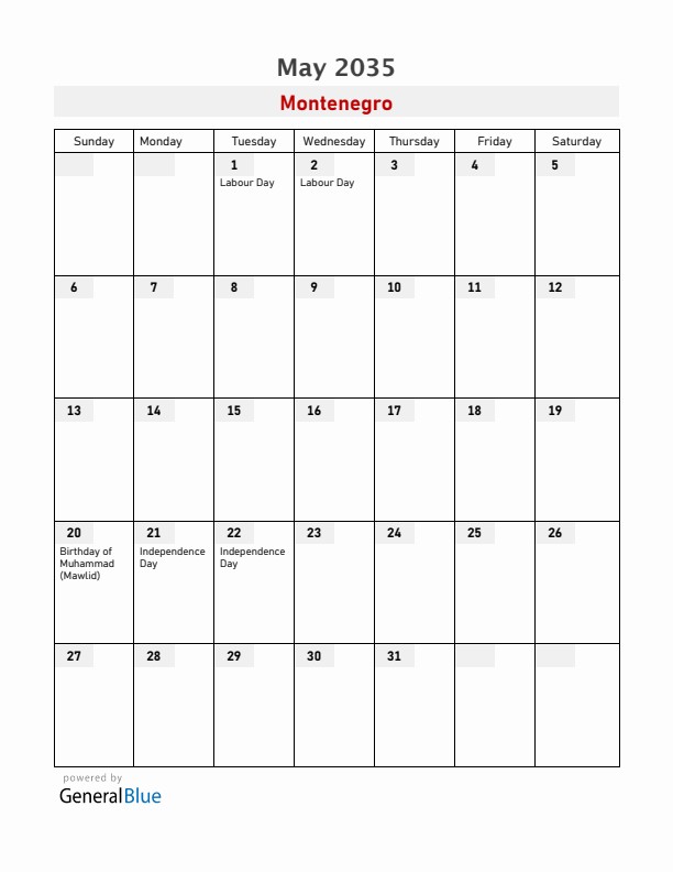 Montenegro May 2035 Calendar with Holidays