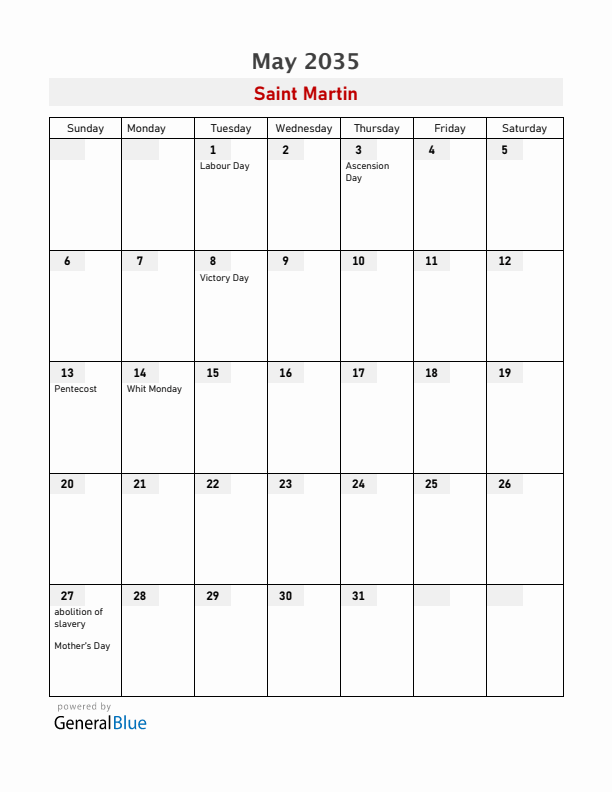 Saint Martin May 2035 Calendar with Holidays