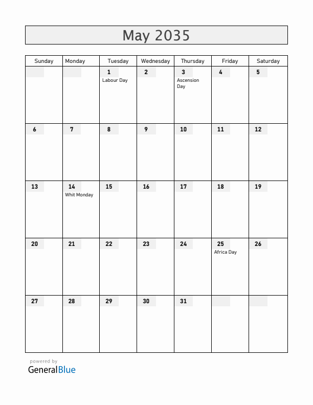 Madagascar May 2035 Calendar with Holidays