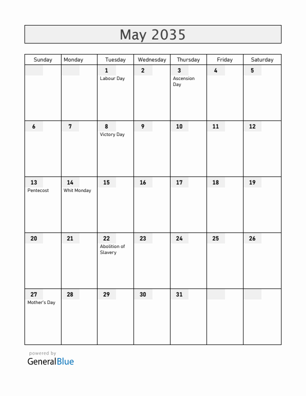 Martinique May 2035 Calendar with Holidays