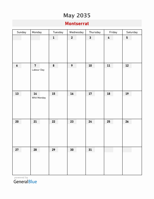 Montserrat May 2035 Calendar with Holidays