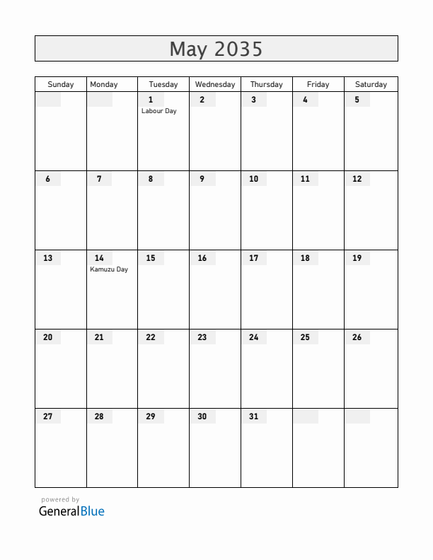 Malawi May 2035 Calendar with Holidays