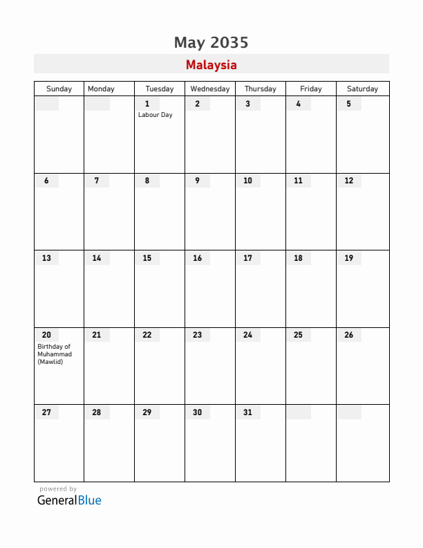 Malaysia May 2035 Calendar with Holidays