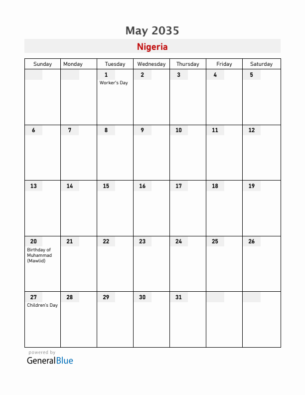Nigeria May 2035 Calendar with Holidays