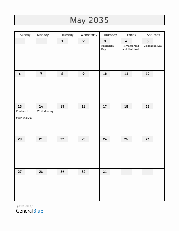 The Netherlands May 2035 Calendar with Holidays