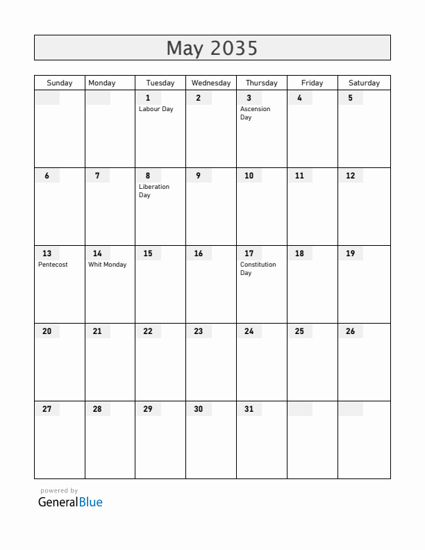 Norway May 2035 Calendar with Holidays