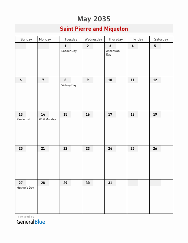 Saint Pierre and Miquelon May 2035 Calendar with Holidays