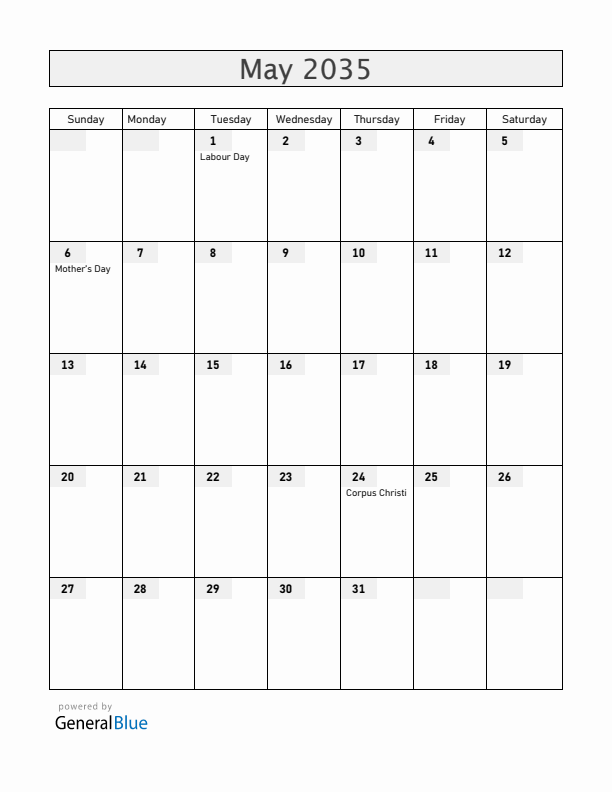Portugal May 2035 Calendar with Holidays