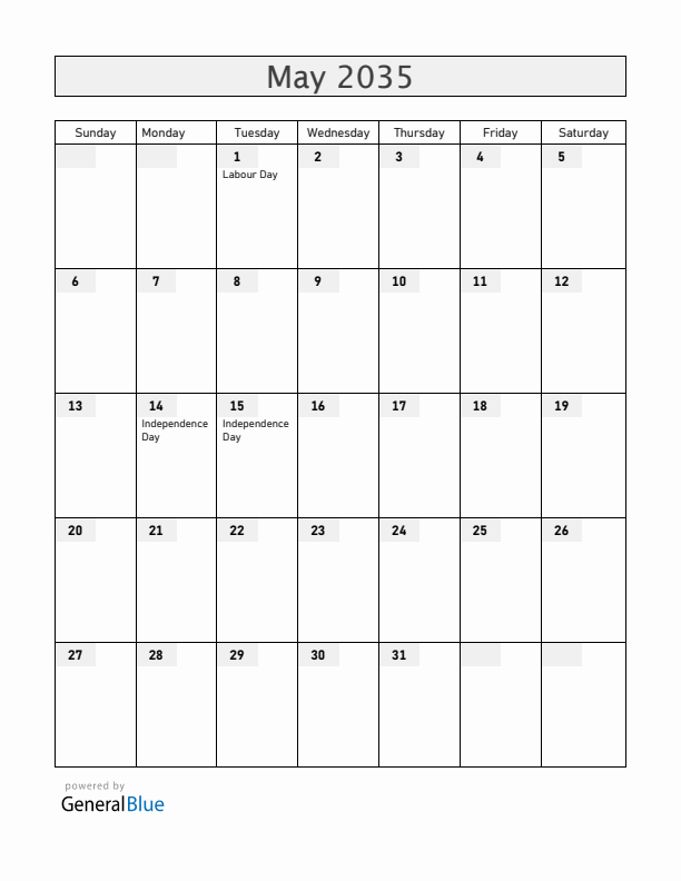 Paraguay May 2035 Calendar with Holidays