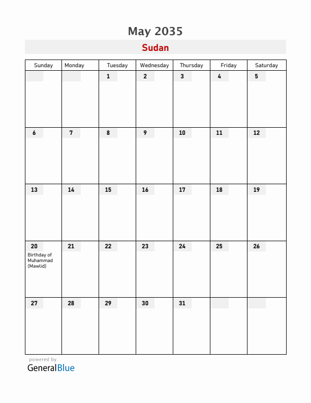 Sudan May 2035 Calendar with Holidays