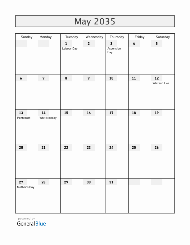 Sweden May 2035 Calendar with Holidays