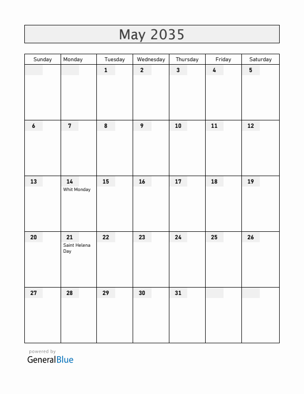 Saint Helena May 2035 Calendar with Holidays