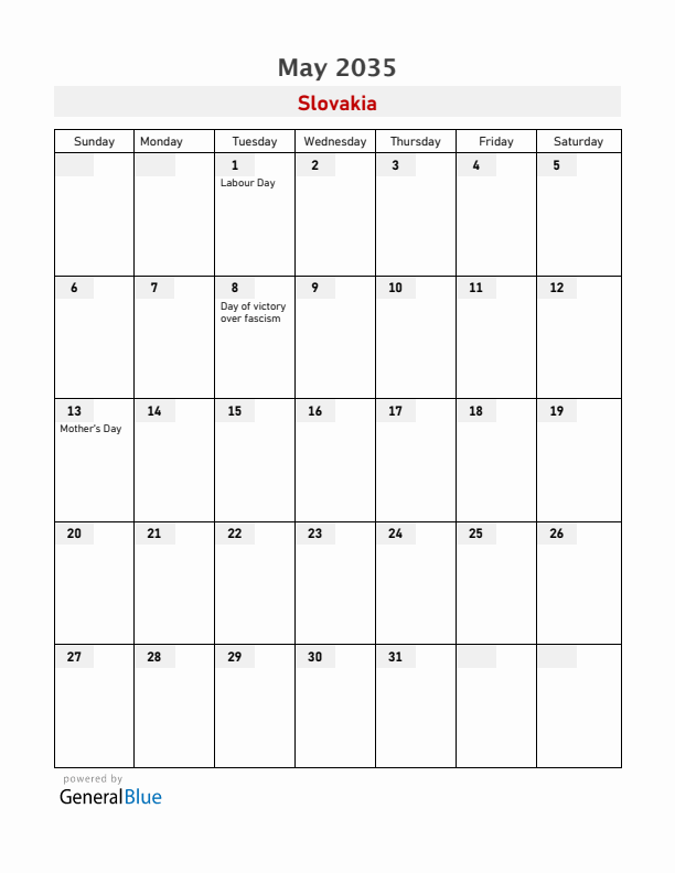 Slovakia May 2035 Calendar with Holidays