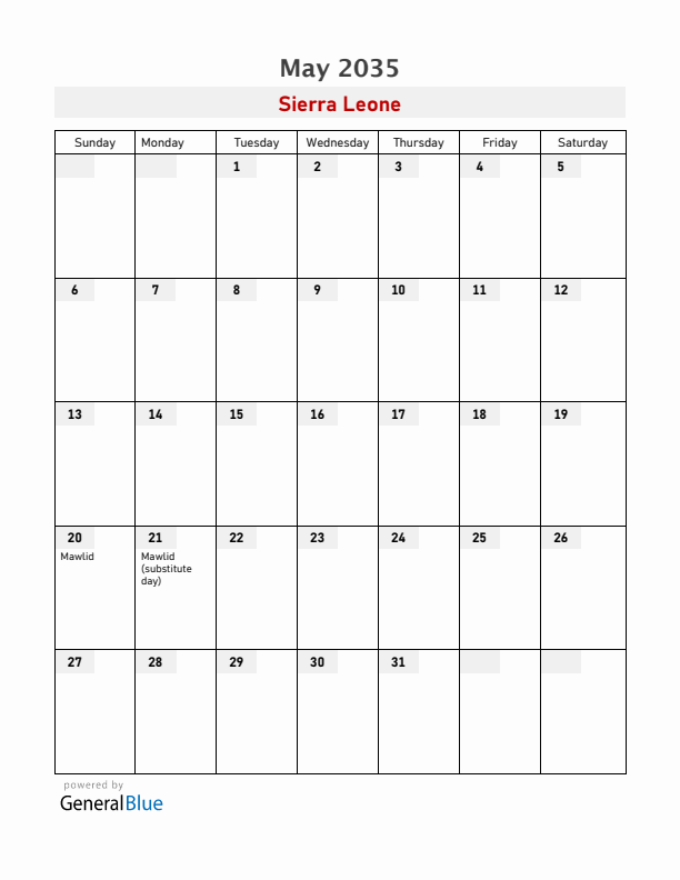 Sierra Leone May 2035 Calendar with Holidays