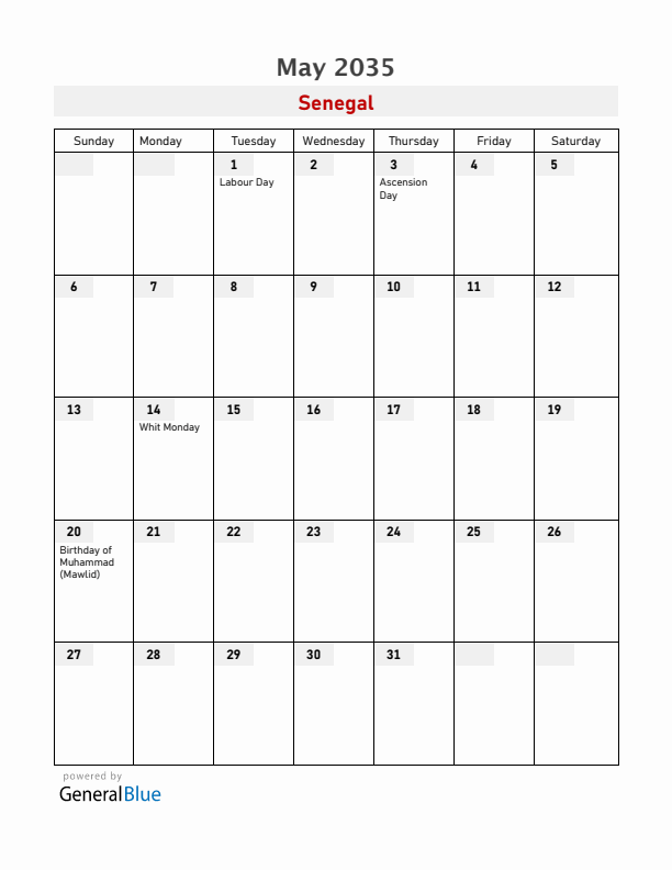 Senegal May 2035 Calendar with Holidays