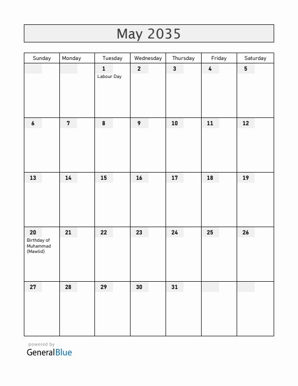 Somalia May 2035 Calendar with Holidays