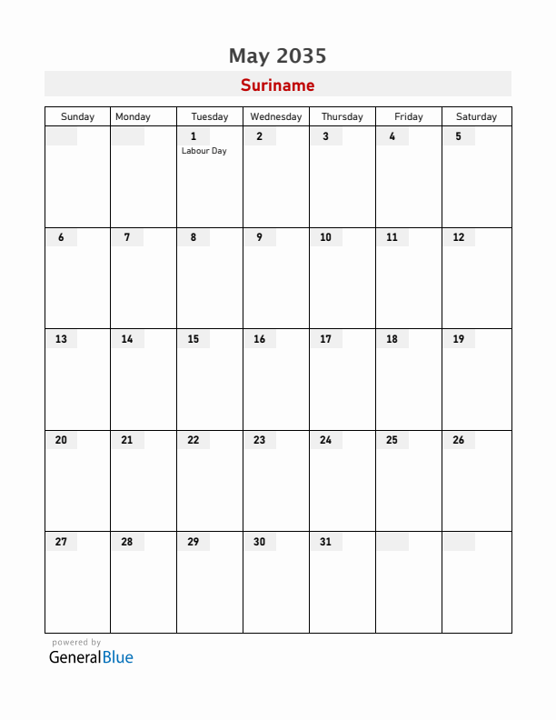 Suriname May 2035 Calendar with Holidays