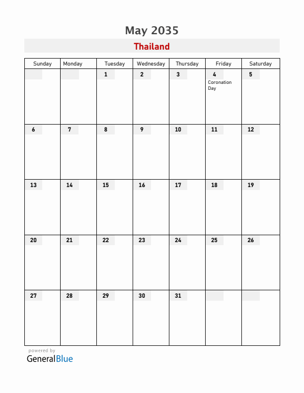 Thailand May 2035 Calendar with Holidays