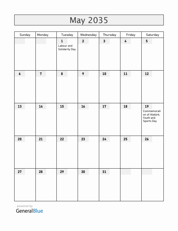 Turkey May 2035 Calendar with Holidays
