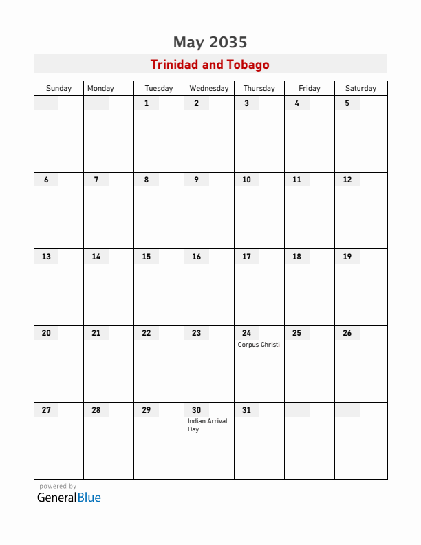 Trinidad and Tobago May 2035 Calendar with Holidays