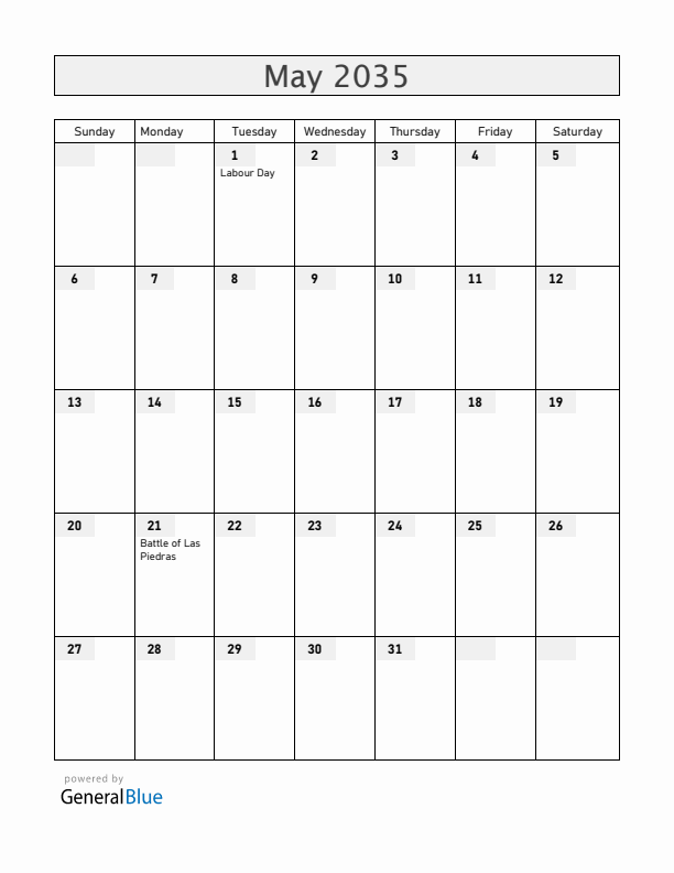 Uruguay May 2035 Calendar with Holidays