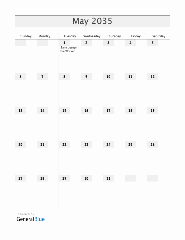 Vatican May 2035 Calendar with Holidays