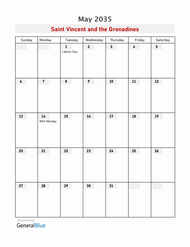 Saint Vincent and the Grenadines May 2035 Calendar with Holidays