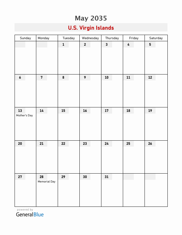 U.S. Virgin Islands May 2035 Calendar with Holidays