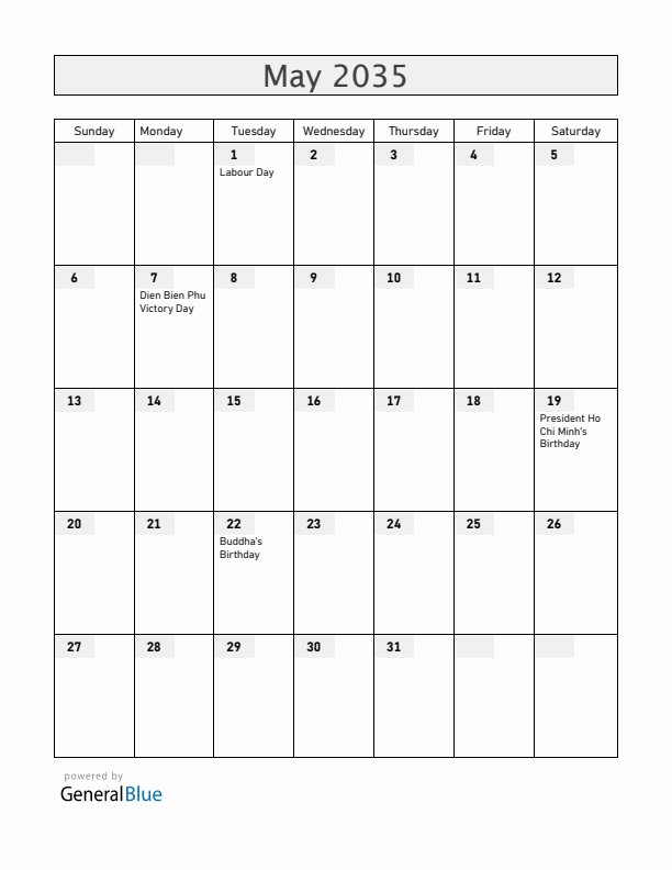 Vietnam May 2035 Calendar with Holidays