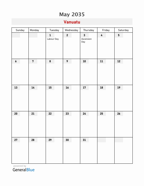 Vanuatu May 2035 Calendar with Holidays