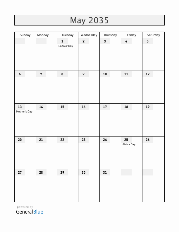 Zimbabwe May 2035 Calendar with Holidays