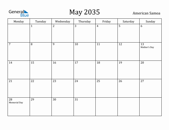May 2035 Calendar American Samoa