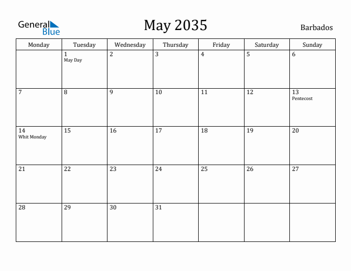 May 2035 Calendar Barbados