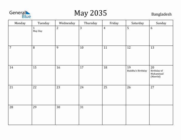 May 2035 Calendar Bangladesh