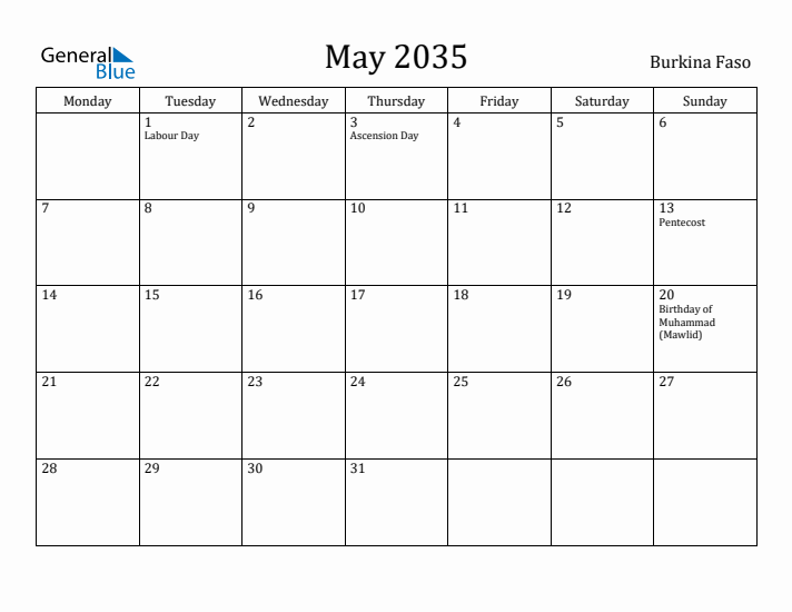 May 2035 Calendar Burkina Faso
