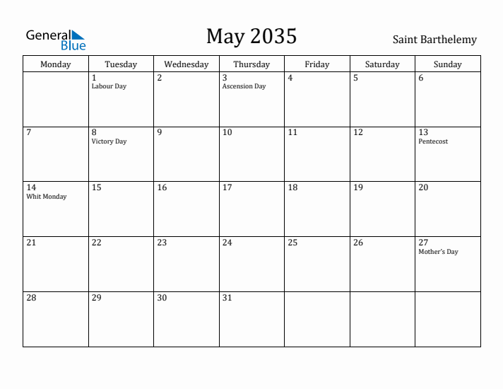 May 2035 Calendar Saint Barthelemy