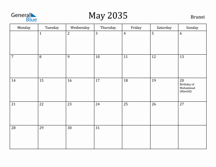 May 2035 Calendar Brunei