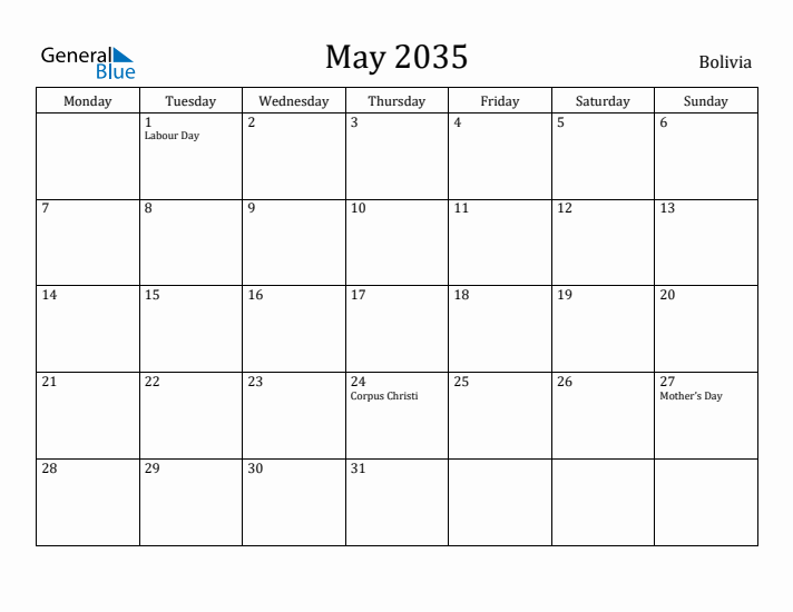 May 2035 Calendar Bolivia