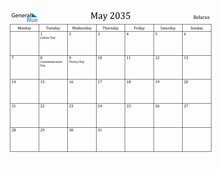 May 2035 Calendar Belarus